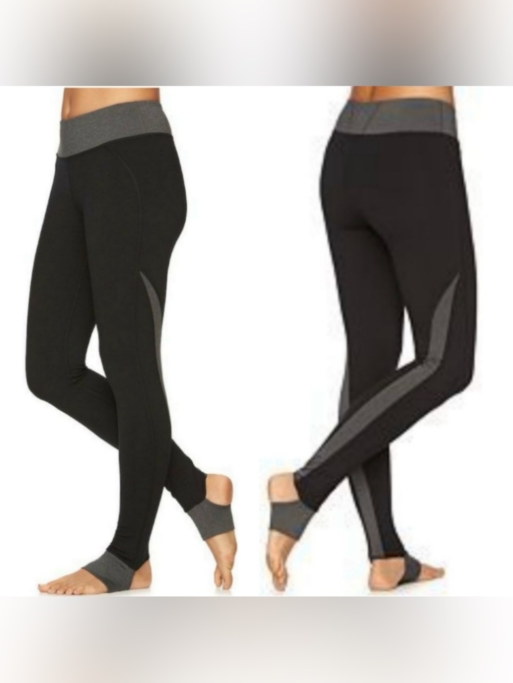 GAIAM Black Stirrup Leggings with Gray Waistband and Accents. Size L